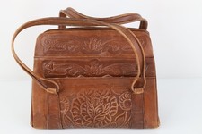 Vintage 60s 70s Boho Chic Distressed Hand Tooled Leather Flower Purse Bag Brown