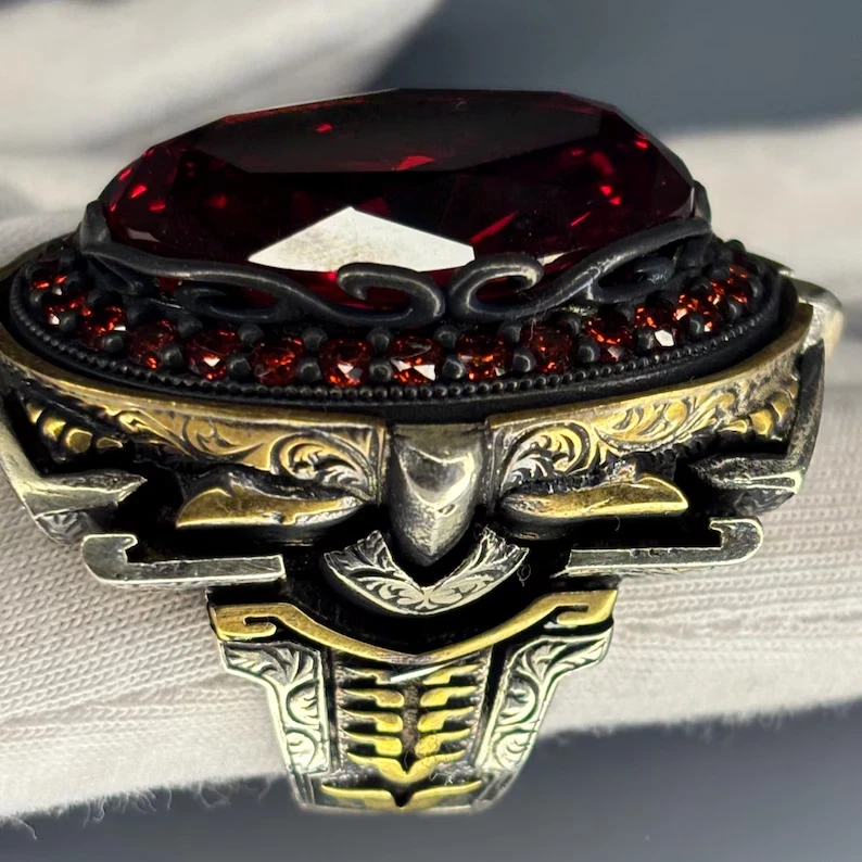 Sterling Silver Ruby Men's Ring: Handcrafted Ornate Christian Jewelry - Image 2 of 4
