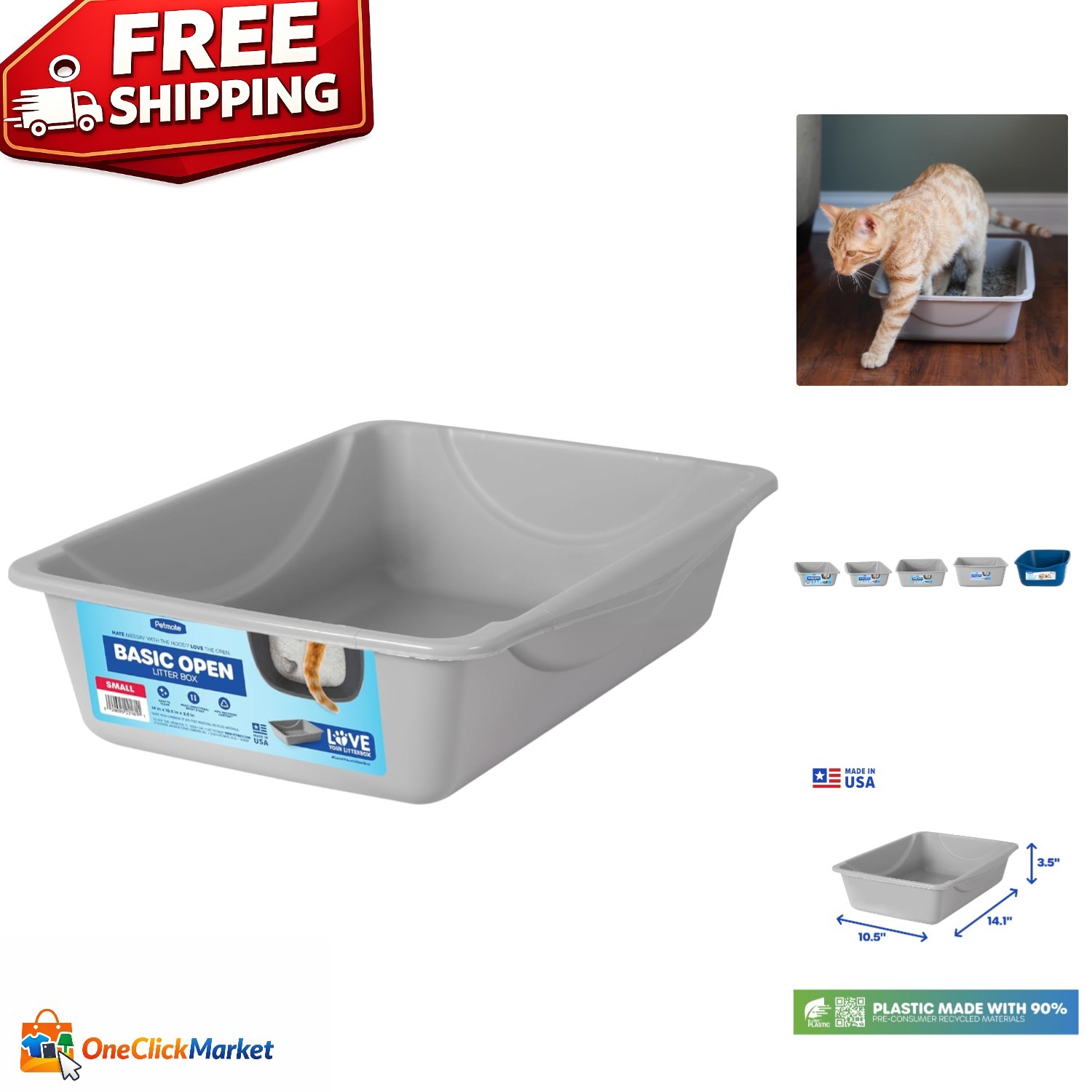 Spacious Blue/Gray Cat Litter Pan - Open-Top Design for Easy