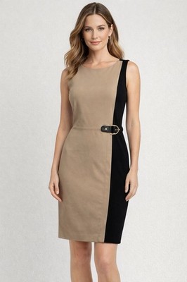 Lauren Ralph Lauren Womens Sleeveless Dress Size 2 Sheath Beige Black Buckle