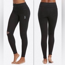 SPANX Size Large Black Distressed Skinny Pull On Jeans Denim Stretch Comfort