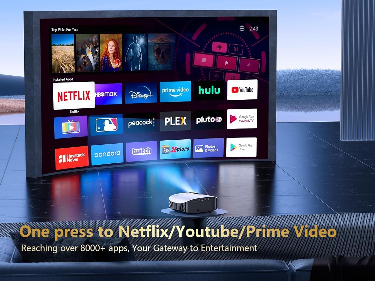 Smart 4K Projector with 5G WIFI and Bluetooth, Netflix/Amazn Prime Video Cert...