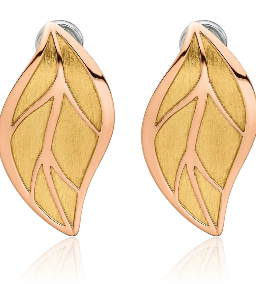 14K Solid Two Tone Gold Rose Yellow Leaf Omega Clip Back Stud Earrings - Image 2 of 4