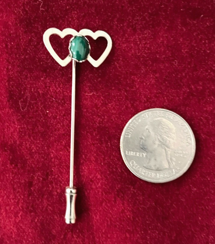 Silver 2 Hearts Joined Hat Pin with Malachite Cabochon