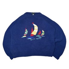 Vintage 90s HandKnit Sailbot Yacht Sweater Navy PRL Style XL