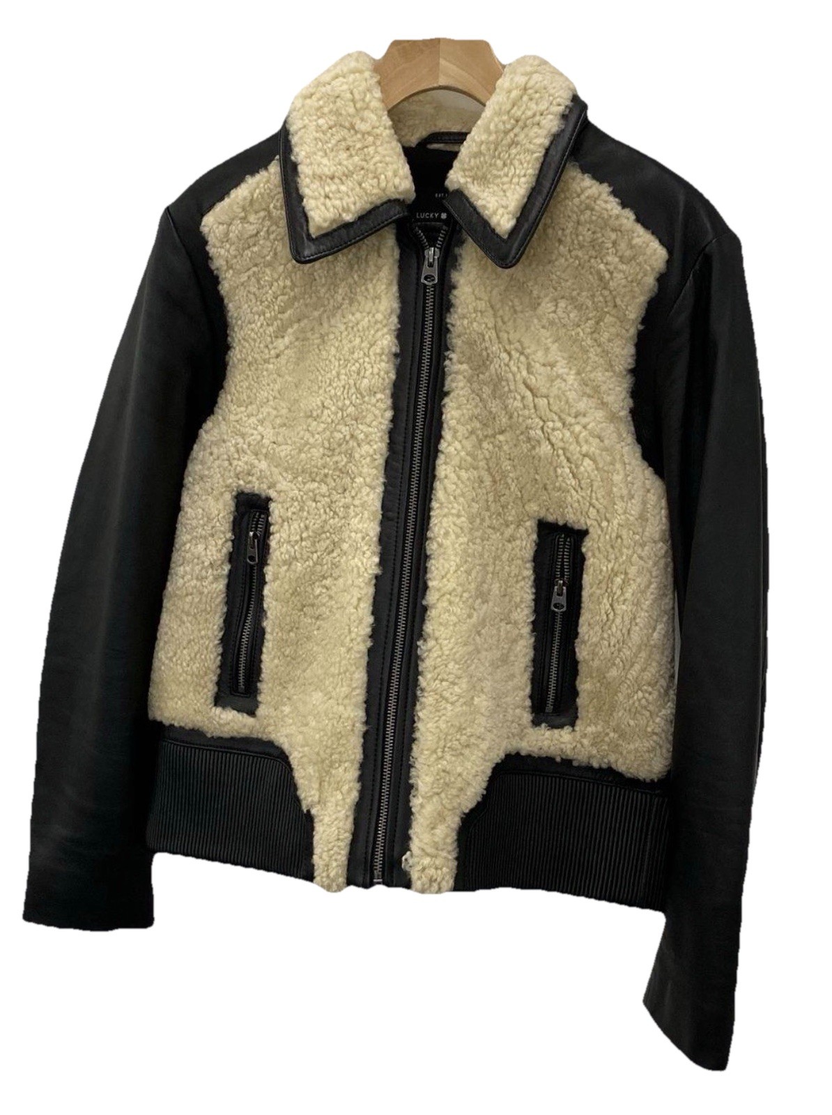 Lucky Brand Lamb Leather Shearling Bomber Jacket Black Size Large Y2K Fashion image 6
