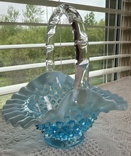 Fenton Blue Opalescent Hobnail Small Basket Ruffled Glass with Handle Vintage