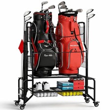 Golf Bag Storage Garage Organizer Golf Bag Stand Fits 2 Bags Extra Clubs Ball...