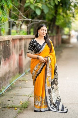 Mango Color Soft Linen Cotton Madhubani -Kalamkari Style aari Mirror work Sarees
