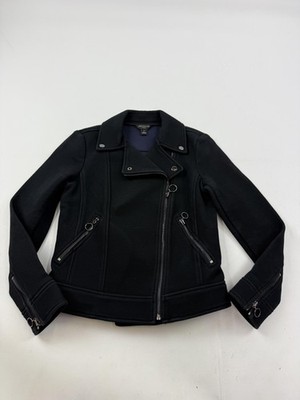 Ann Taylor Jacket Womens Petite 0P Black Cotton Blend Moto Biker Zip Jacket