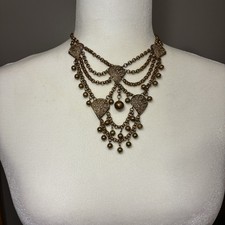 Vintage Brass Filigree Festoon Bib Necklace Victorian Revival Hollow Ball Drops Vintage Brass Filigree Festoon Bib Necklace Victorian Revival Hollow Ball Drops