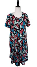 LulaRoe Dress Carly M Blue Black Red Geo Print Hi Lo Hem Short Sleeve New