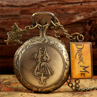 Vintage Lovely Girl Rabbit Drink Me Tag Women Quartz Pocket Watch Necklace Chain