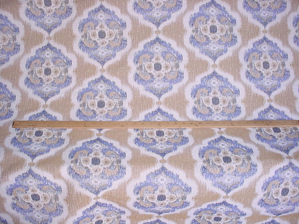 3Y JF Fabrics Decarlo Natural Gold Alabaster Blue Ikat Drapery Upholstery Fabric - Image 2 of 4