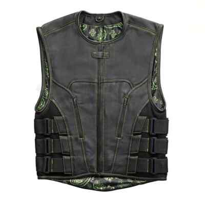 Men's Bullet Proof Style Black Green Leather Vest for Biker's Motorcycle  Vest
