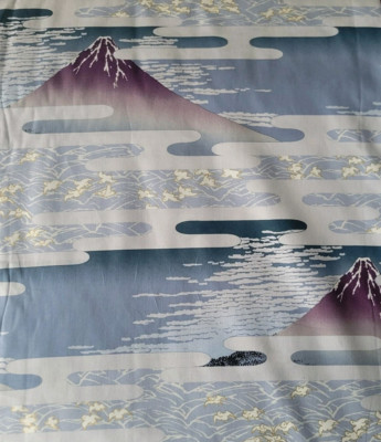 Hokusai's Red Fuji  w/ Clouds/Bird in Plum, Blue, Metallic Gold - Cotton - Japan
