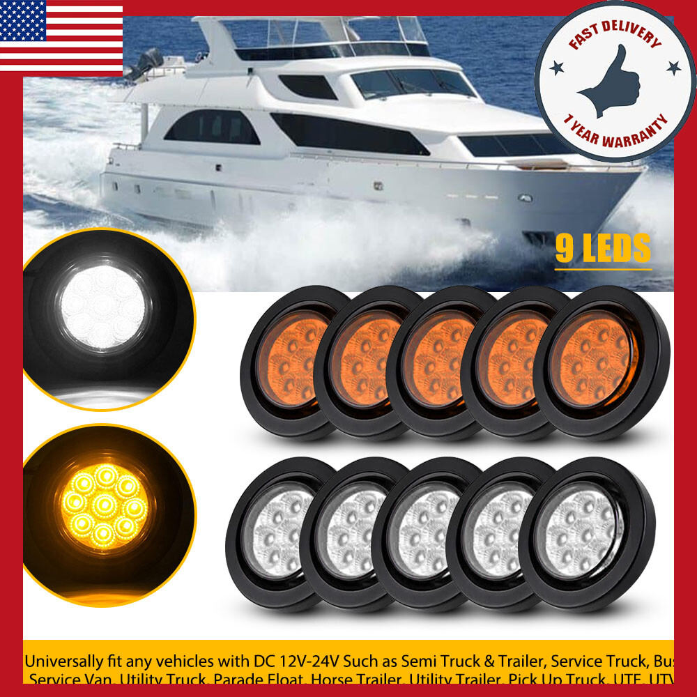 10pcs 2-Inch LED Round White Amber Marker Lights with Grommet for Trucks RVs Trailers