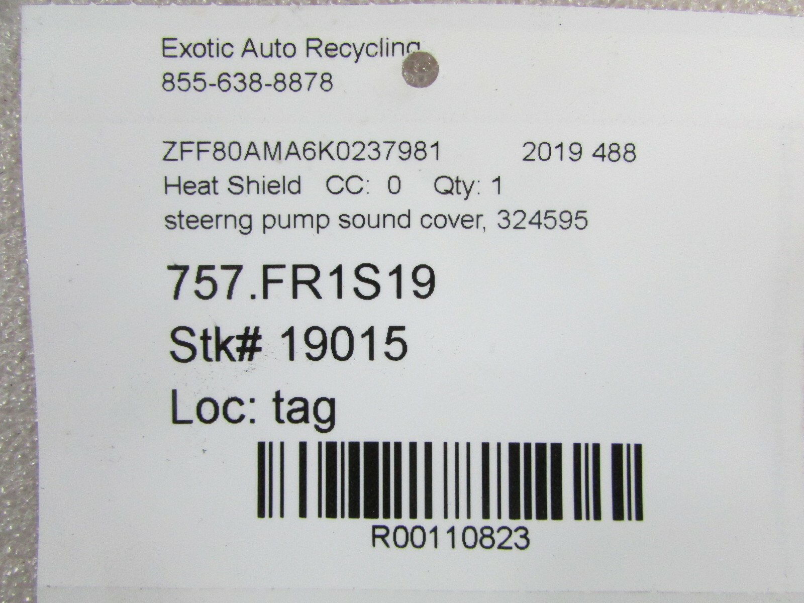 Ferrari 488, Power Steering Pump Sound Cover, Used, P/N 324595