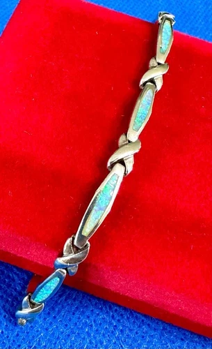 Sterling Silver & Inlay Opal X & Elongated O Panel Bracelet   7-1/2"