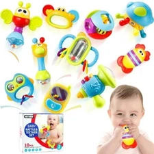 10PCs Baby Rattles Toys Set, Infant Grab Shake Rattle Sensory Teether Newborn