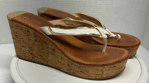 Sandalias ALDO Mujer Cuña Corcho 9 40 Plataforma Chanclas Tanga Tostado Blanco Dorado