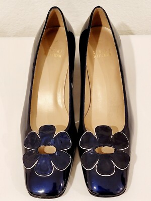 Vintage Stuart Weitzman Blue Patent Low Heels Pumps Floral Toe 6M PLEASE READ
