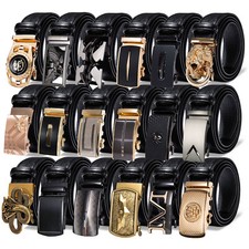 Mens Leather Belts Smooth Automatic Buckle Black Ratchet Business Waist Straps