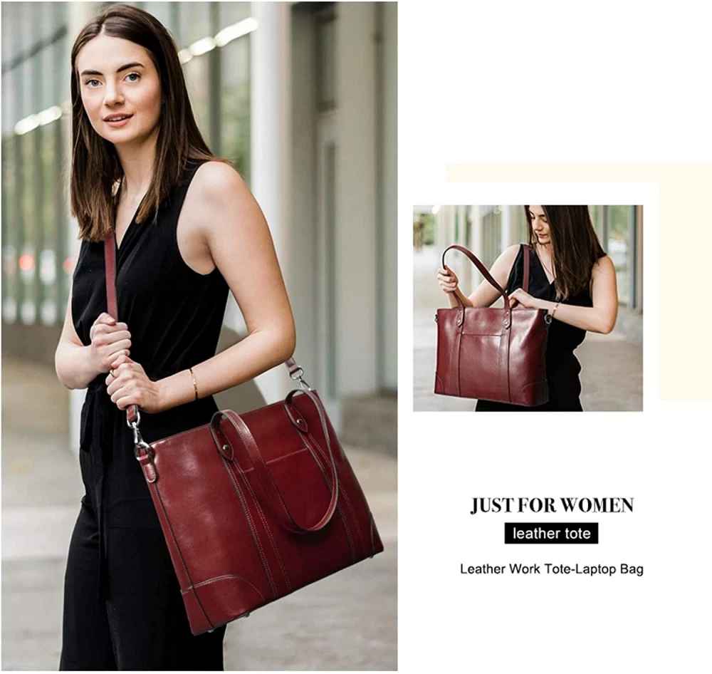 S ZONE Leather Tote Bag for Women Office Shoulder Handbag 15.6 Inch Wine Red