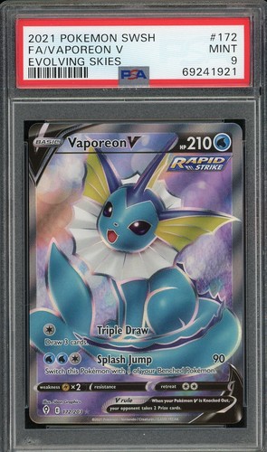 2021 PSA 9 Pokemon Evolving Skies Vaporeon V 172/203 Full Art Card SWSH Mint