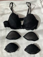 Vintage Black Lace Push Up Bra  4 Foam, Hook  Loop Push Up Pads 34 B