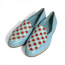 bottega veneta vintage light blue leather loafers orange white woven 80s size 35