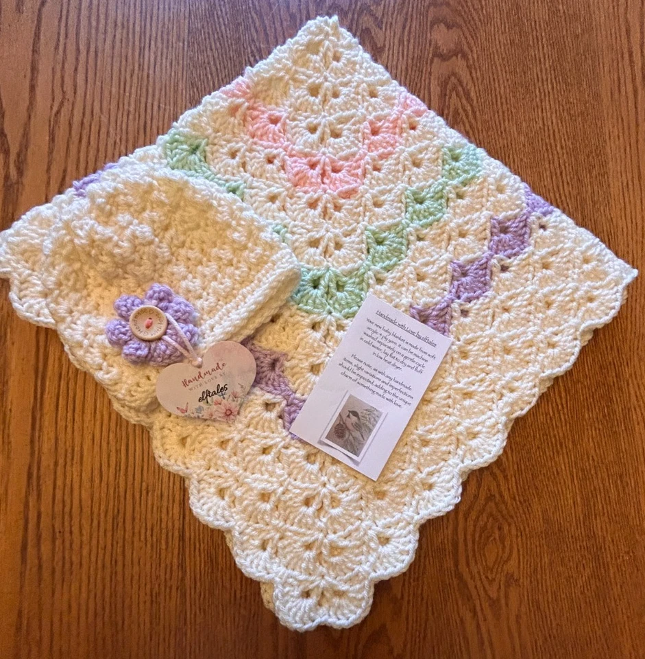 colorful farmhouse  handmade crochet  Baby  blanket & hat set  - Image 3 of 4