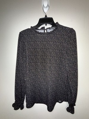 Adrianna Papell Black and Tan Spotted Mock Neck Blouse Size S
