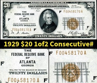 HGR SUNDAY 1929 $20 FRBN Atlanta ((1of2 Consecutive#)) Appears GEM UNCIRCULATED