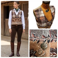 VTG 90s Embroidered Leaf Vest M Brown Plaid Wool Grandmacore Dark Academia