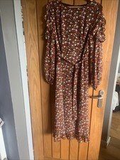 Ladies Midi Dress QED London 12 NWT Brown Floral Print Long Sleeve  RRP £38.99
