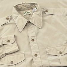 LL Bean Shirt Men S 15-15.5 Tan Safari Field Shirt Hiking Camping Pockets Button