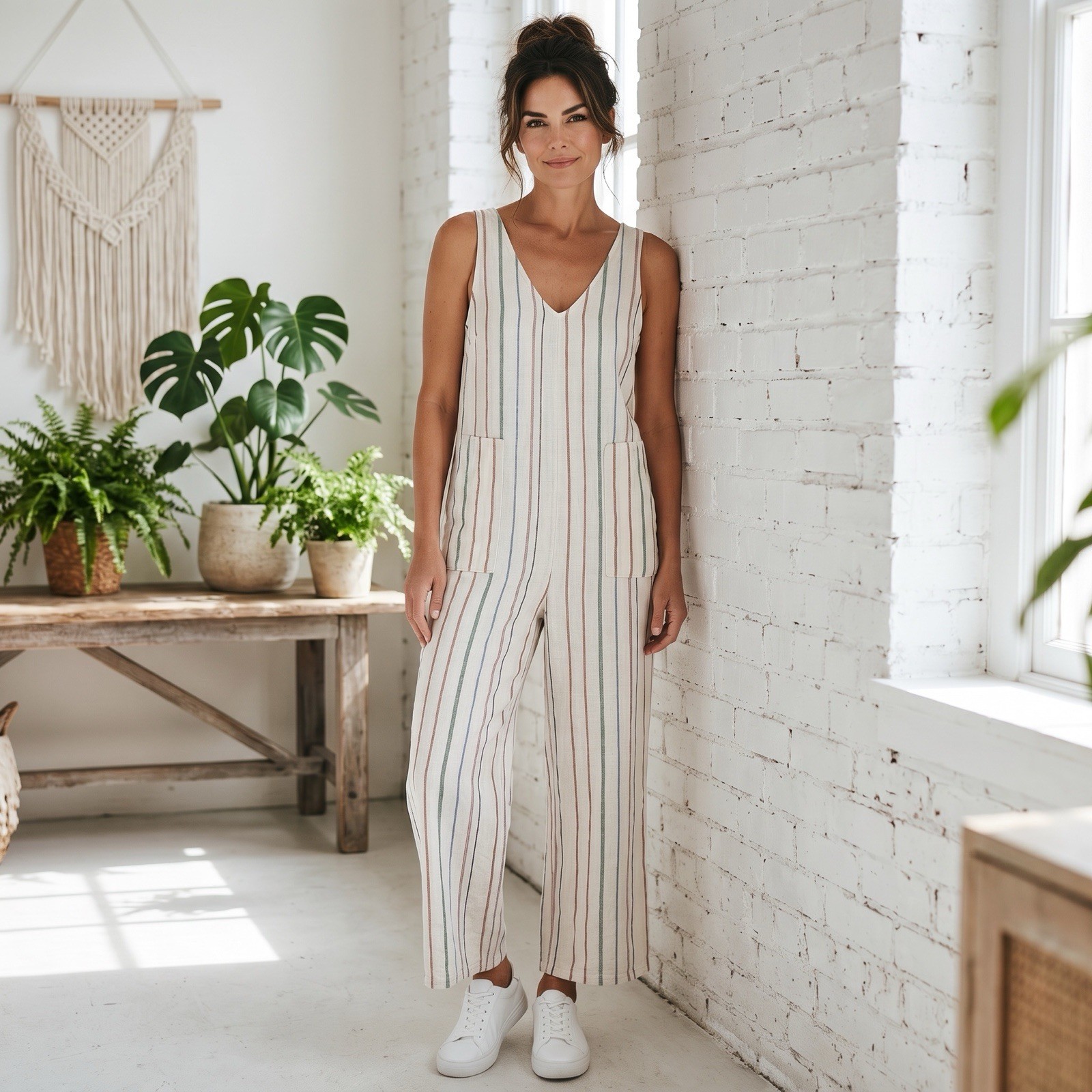 American Eagle Linen Blend Striped Jumpsuit Women’s Medium Wide Leg Coastal