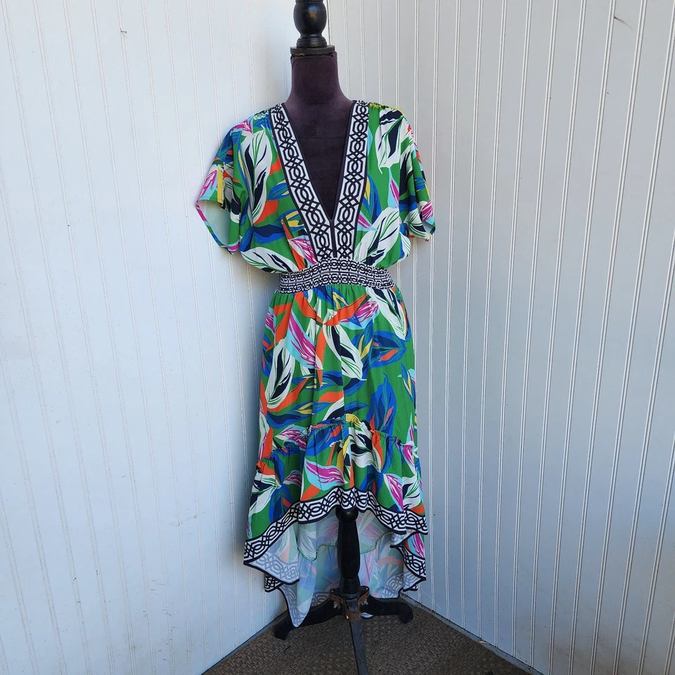 Maxi Vestido Flying Tomato Fuera del Hombro Alto Bajo Verde Tropical Floral Talla M Foto 2 de 4