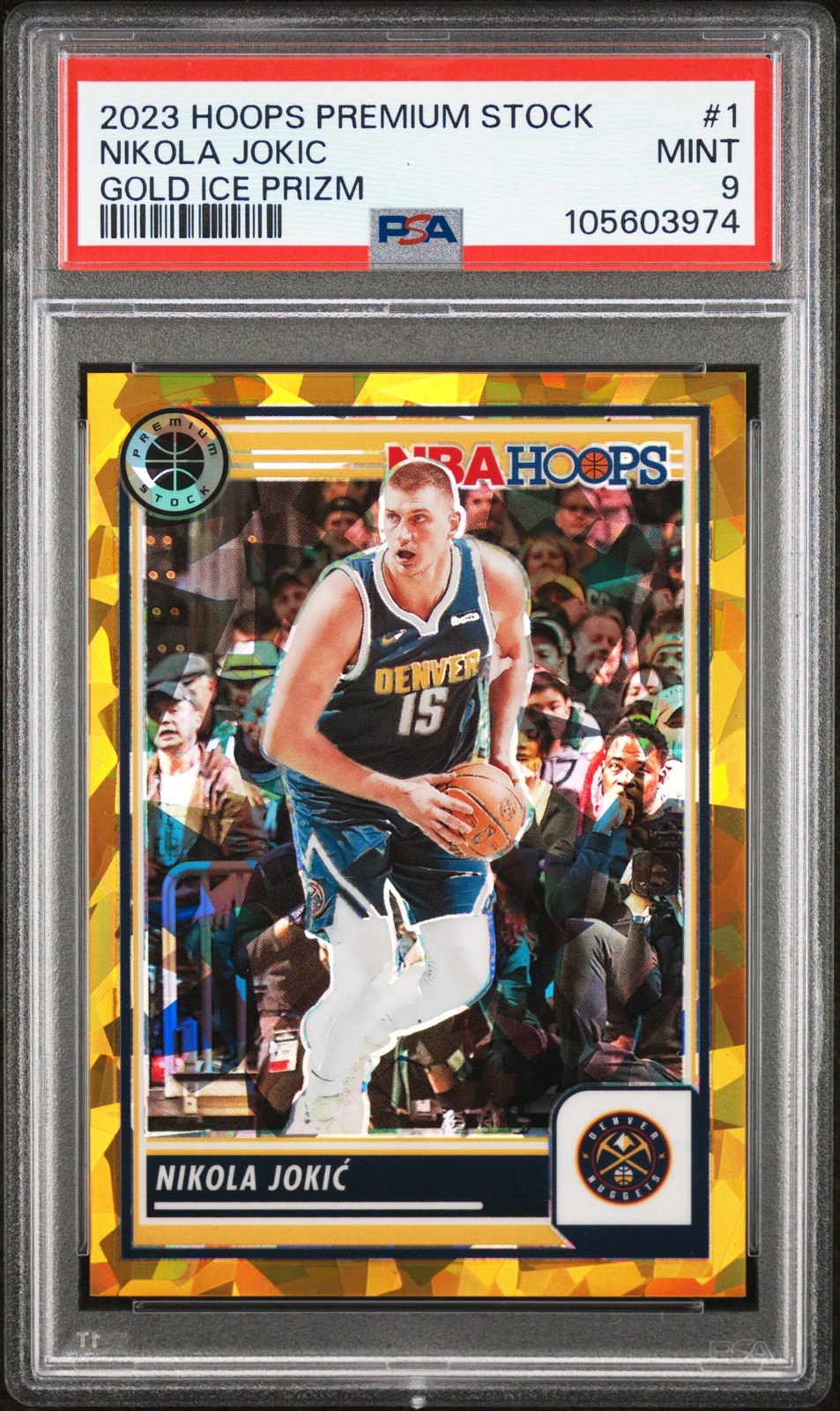 2023 PANINI HOOPS PREMIUM STOCK GOLD ICE PRIZM #1 NIKOLA JOKIC 1/10 PSA 9