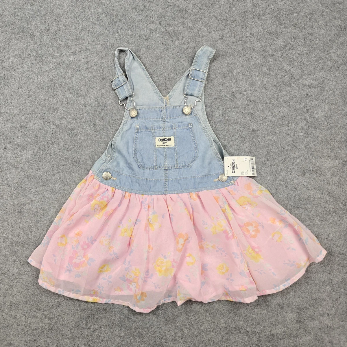 OshKosh Dress Girls 3T Pink Floral Denim Overall Skirtall Casual Summer New