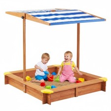 Kids Sandbox with Cover 46" Wooden Sand Box w/Adjustable Canopy Large Outdoor