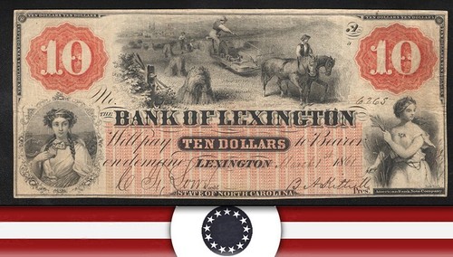 1861 10 $ BANK of LEXINGTON NC OBOSLETTE BANKNOTE NORTH CAROLINA CIVIL WAR 0265