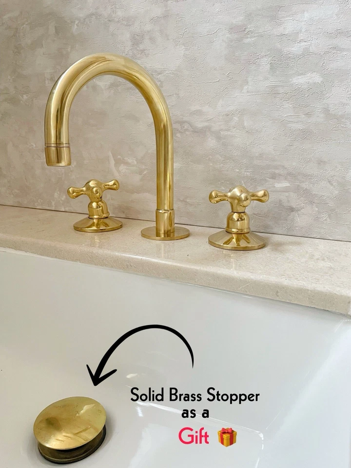 无漆黄铜浴室3孔龙头梳妆台,甲板安装龙头 — 第 2/4 张图片