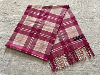 Cashmere Scarf Scotland Pink Plaid w Fringe Rectangular Soft