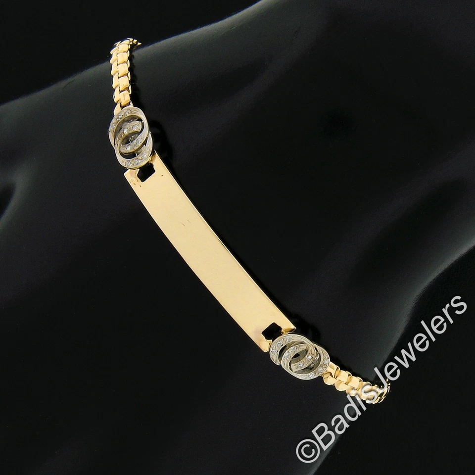 Brazalete de cadena de identificación grabable de oro de 14k de 6,25" con diamante enclavamiento circular lateral Foto 4 de 4