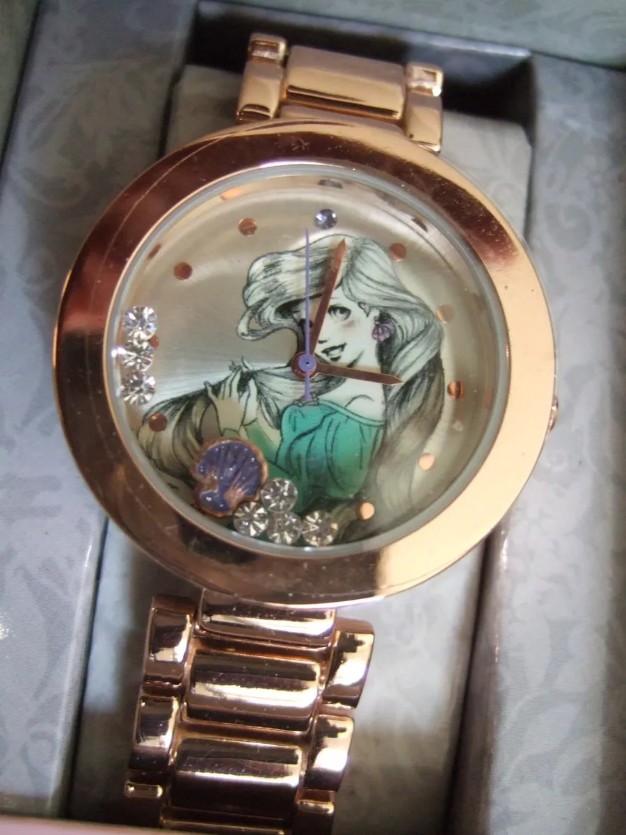 Montre Disney Petite Sir ne Ariel bracelet lien or rose adulte et coquille charm