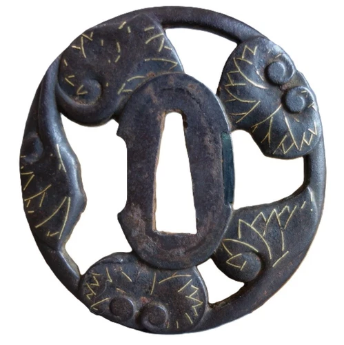 Tsuba guard Aoi hollyhock Tokugawa family crest Samurai sword fitting Edo #2 - Picture 1 of 8
