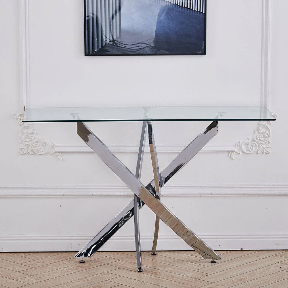 Modern Chrome Leg Tempered Glass Console Table Side Table Living