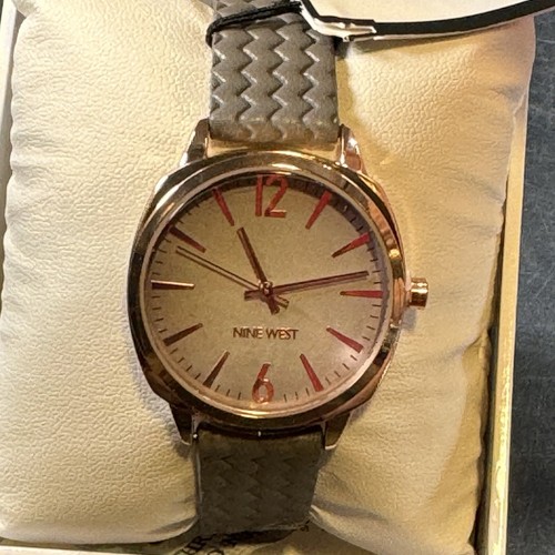 Nine West Women's Rose Gold Gray Leather Strap NW/2742 Watch New In Box - Picture 2 of 16